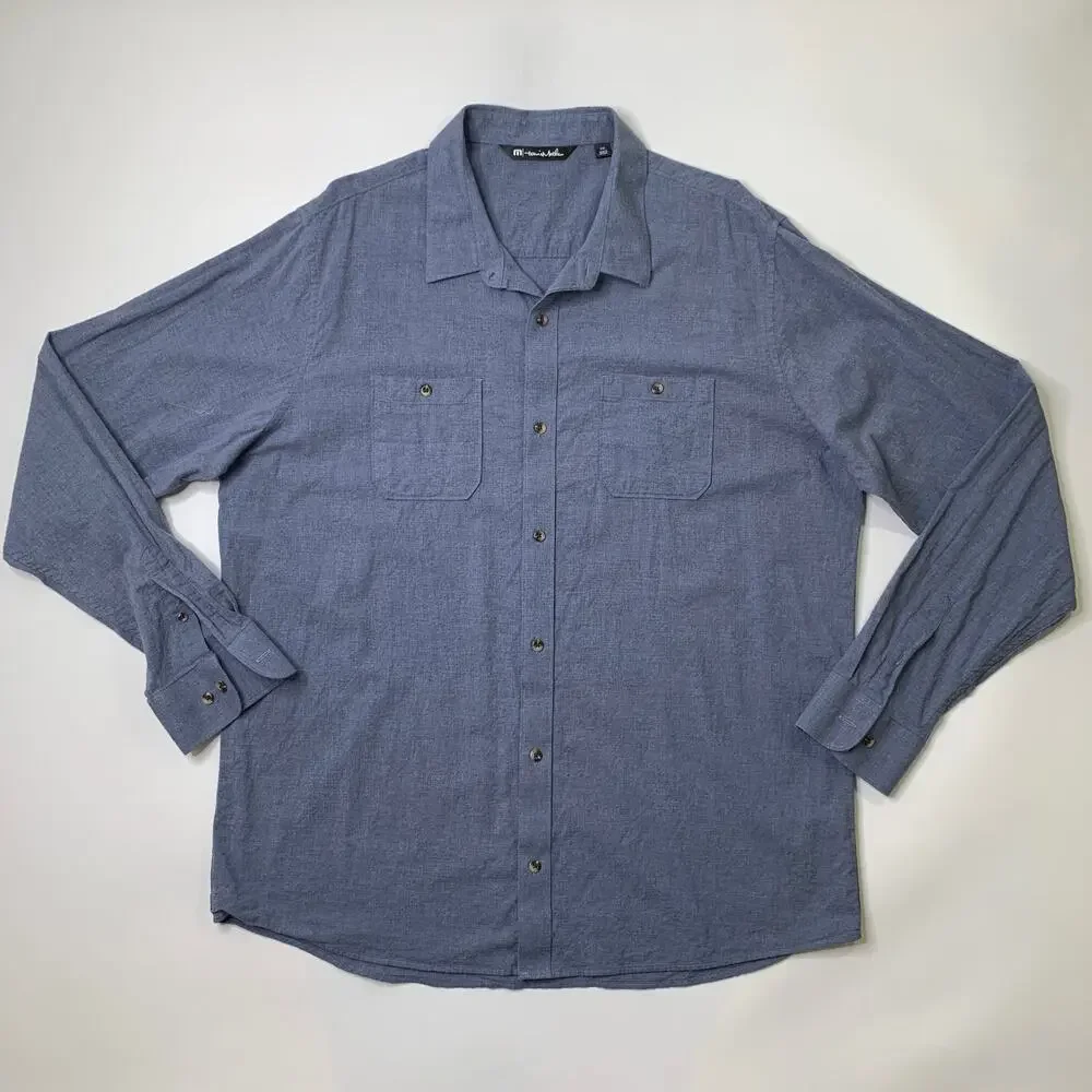 Travis Mathew Shirt Mens 2XL Blue Gray Cloud Flannel Button Up Lighweight Pocket